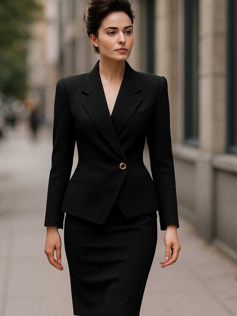 KASPER 2PC 80s WOOL BLACK FITTED ASYMMETRIC BLAZER & MATCHING PENCIL SKIRT SZ 10